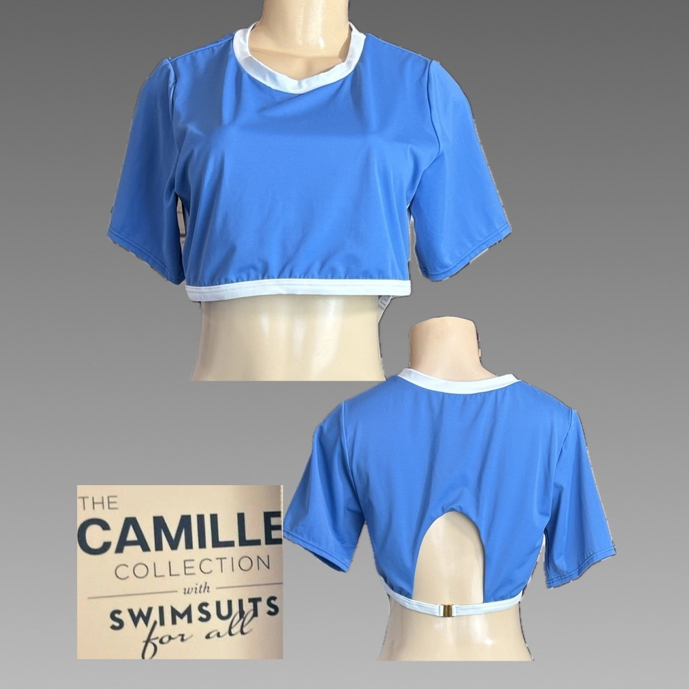 Swimsuits For All XL Blue Crop Open Back Swim Top Short Sleeve Contrast Trim